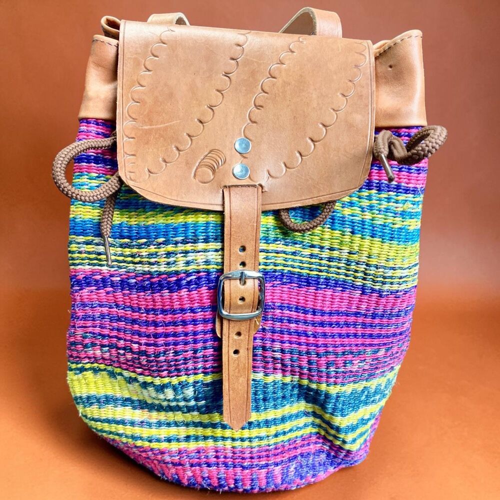 Handmade Kenya Woven Sisal Leather Backpack Colorful Boho Festival Basket Bag